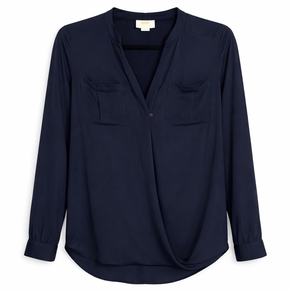 Maeve Anthropologie Navy Wrap Blouse Size 0‎ Long Sleeve Shirt Preppy Anthro